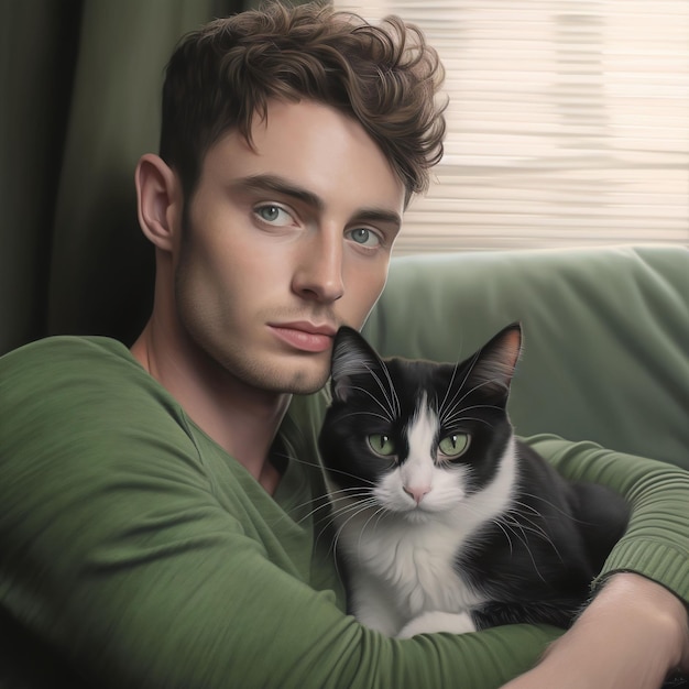 Photo ai generated illustration of a man in a green shirt hugging a black and white catsitting on a sofa