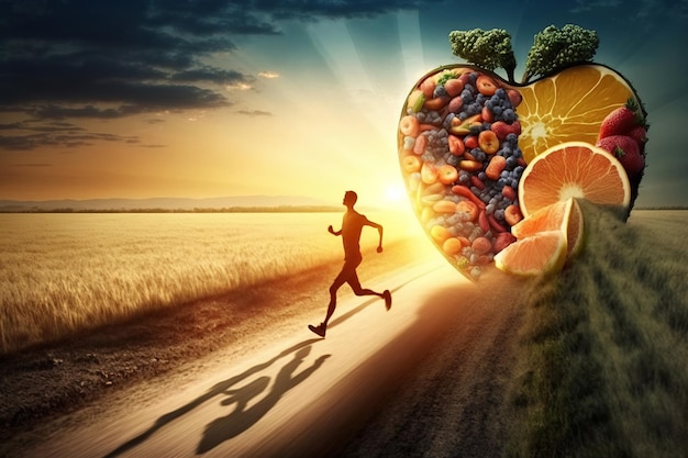 Ai generated illustration man running with a lot of energy Fruit forming a human body