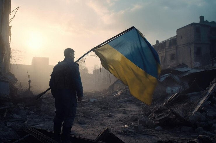 Фотография иллюстрация человека, размахивающего флагом украины в разрушенном городе