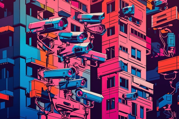 Ai generated illustration Many CCTV cameras on building wall apartment