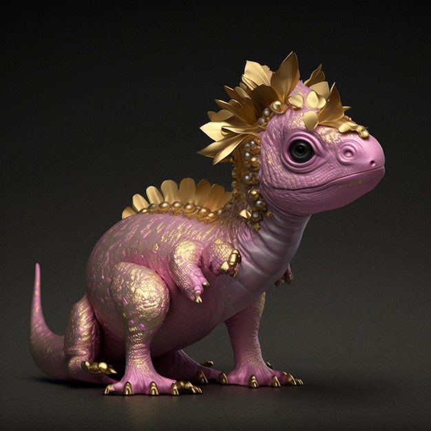 AI generated illustration of A miniature purple toy dinosaur upright on a black background