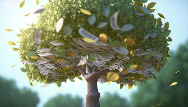 Ai generated illustration Money tree with dollars instead of leaves
