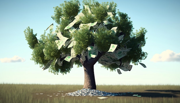 Ai generated illustration Money tree with dollars instead of leaves