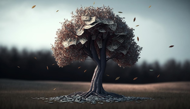 Ai generated illustration Money tree with dollars instead of leaves