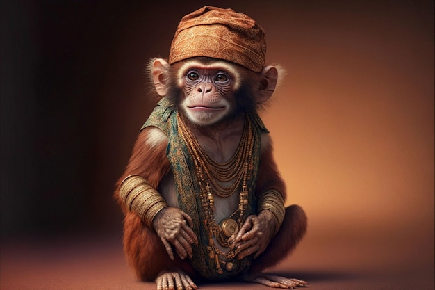 An AI generated illustration of the monkey with clothing sitting on the ground.