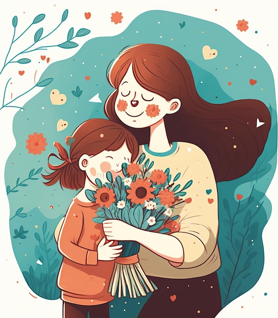 Ai generated illustration Mother and child Mom hugging her daughter with a lot of love and tendernes