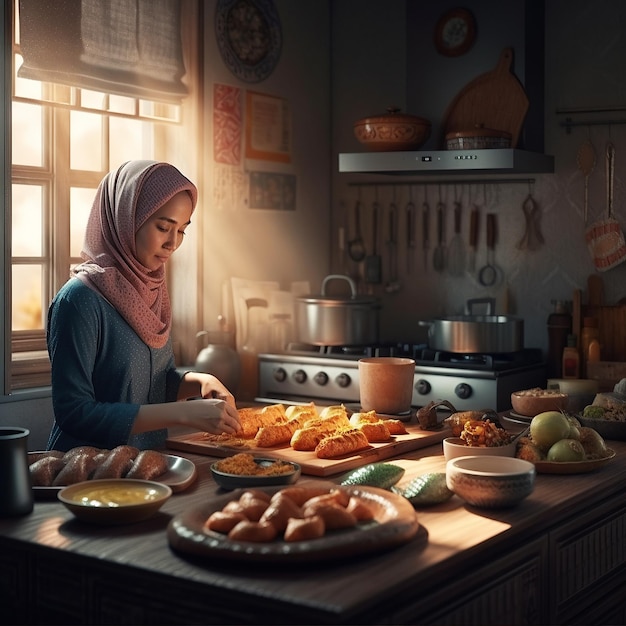 Ai 생성 그림 부엌에서 저녁 식사를 위해 음식을 요리하는 무슬림 여성