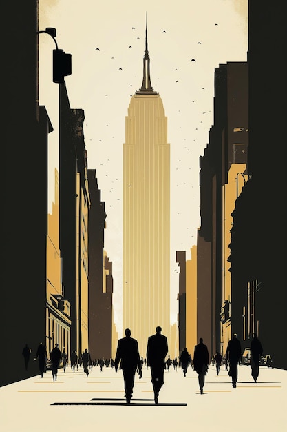 Ai generated illustration new york city skyline with people walking on street