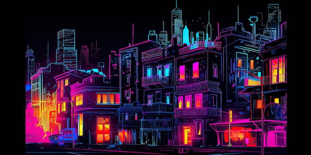 Ai generated illustration night view city citycape neon pink light residential buildings