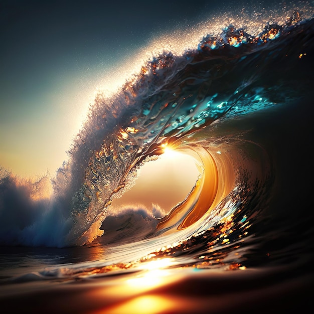 Ai generated illustration Ocean wave curl with sunlight beam Surfing concept