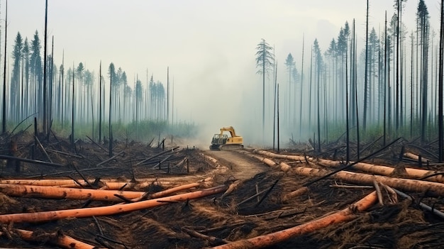 사진 인공지능 (ai) 은 산림 벌채의 심각한 후유증에 서 있는 불도저의 일러스트레이션을 생성했습니다.
