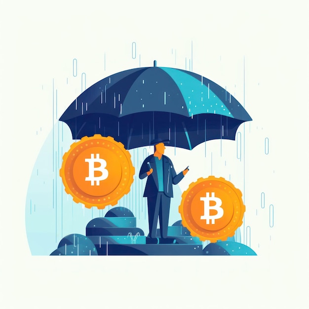 写真 ビットコインの隣に傘の下に立っているプロのビジネスマンをaiが生成したイラスト