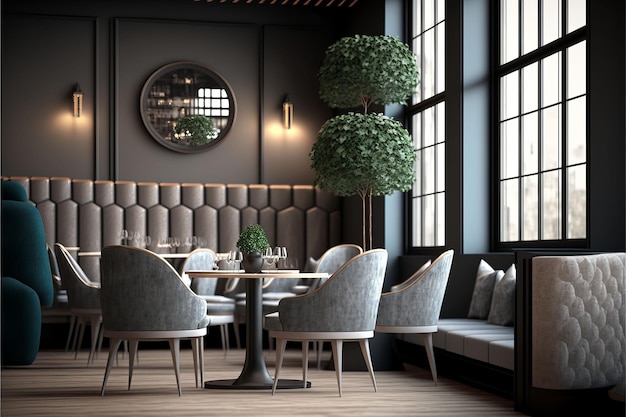 写真 ai が生成した、テーブルと座席を備えたスタイリッシュなレストランのインテリア デザインのイラスト