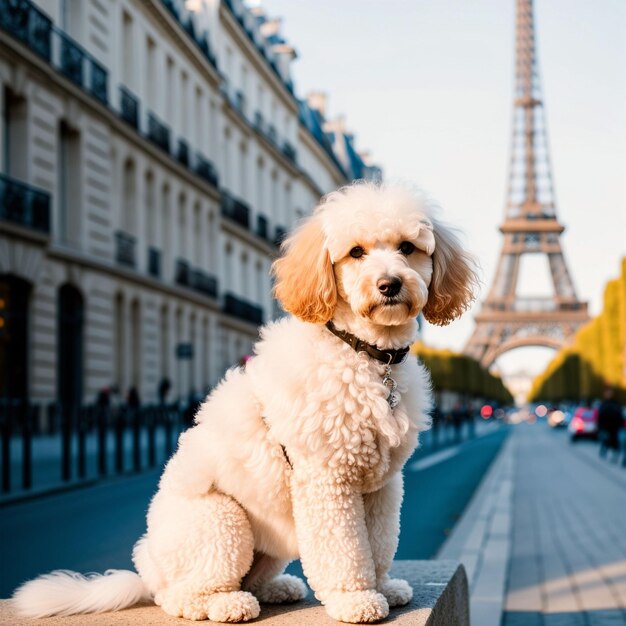 사진 인공지능이 프랑스 파리의 에펠탑을 향한 사랑스러운 푸들 (poodle) 의 일러스트레이션을 생성했습니다.