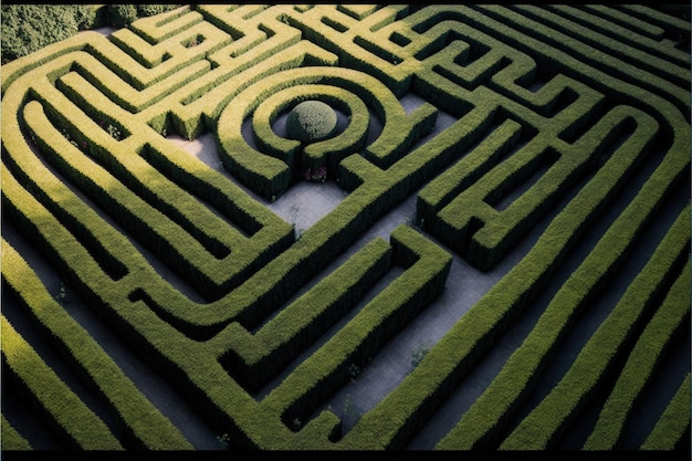 写真 広大な緑のヘッジの迷宮の空中写真をaiで生成したイラスト
