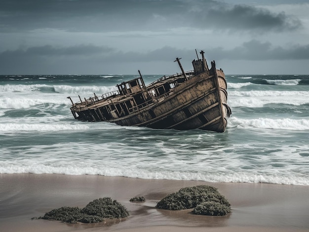 AI generated illustration of an old shipwreck in the ocean