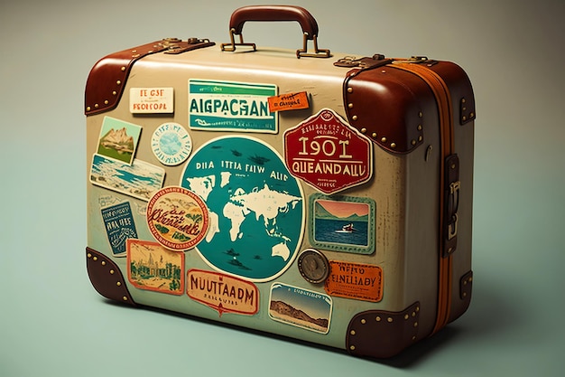 Ai generated illustration Old Suitcase with Royaly Free Travel Stickers