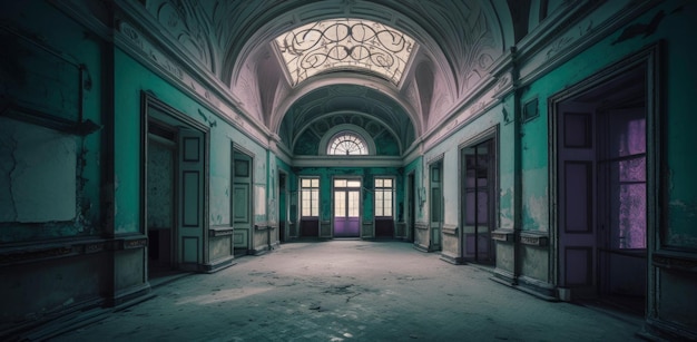 An AI generated illustration of an ornate green hallway of a grand abandoned estate