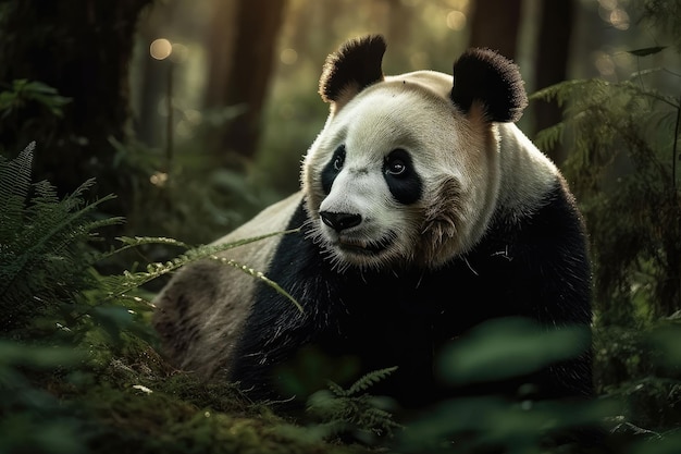 AI generated illustration of a panda bear on a tree branch in its natural habitat