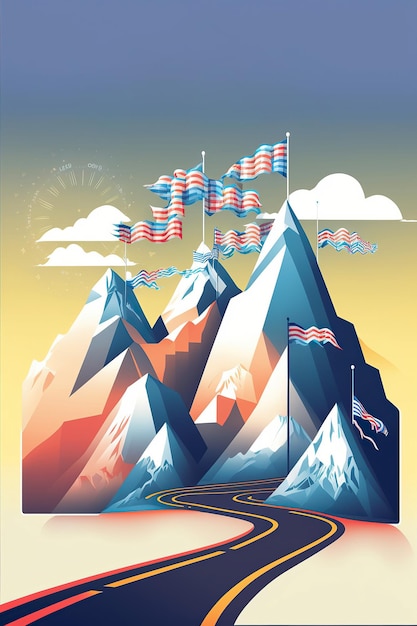 AIが生成した成功への道のりのイラスト ビジネス目標の達成 旗を掲げた山のイラスト