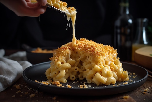 Photo an ai generated illustration of a person spreading shredded cheese over a plate of steaming macaroni