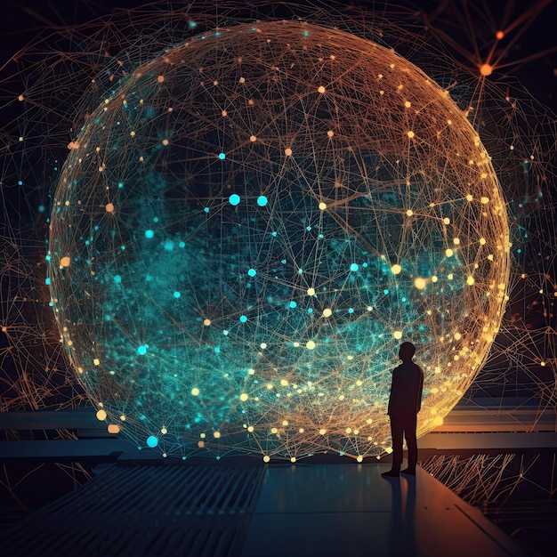 AI generated illustration of a person standing in front of a large spherical object