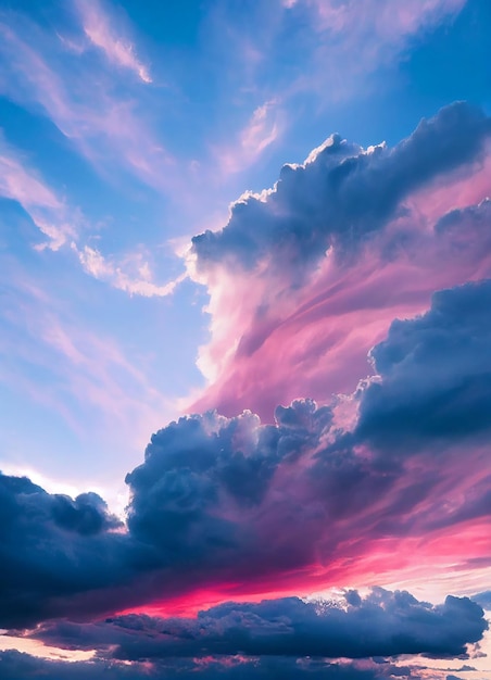 AI generated illustration of pink and blue clouds against a blue sky in the distance