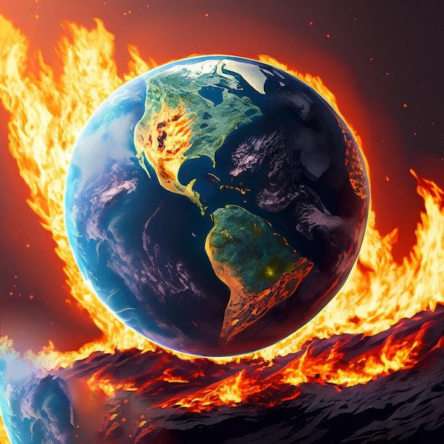 Ai generated Illustration planet earth on fire