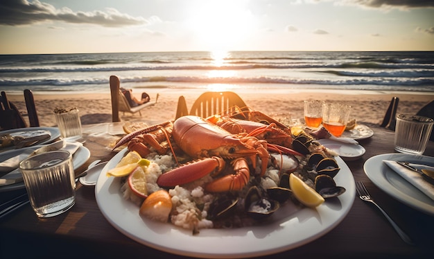 Foto un'illustrazione generata dall'ai di un piatto di aragoste e gamberetti cotti in un ambiente sulla spiaggia