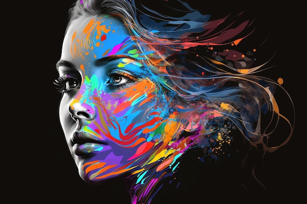 AI가 다채로운 얼굴 페인트 디자인을 한 여성의 초상화를 생성했습니다.