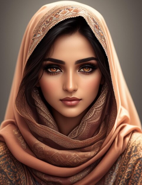 AI generated illustration of a portrait of a young woman wearing a printed headscarf