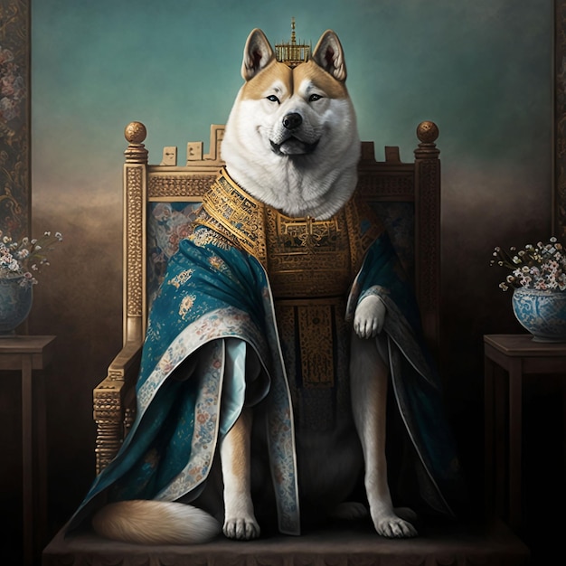 AI generated illustration of a powerful akita Inu king dog on the throne in royal attire