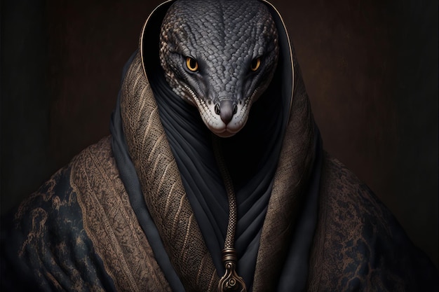 AI generated illustration of a powerful snake figure in a mysterious robe