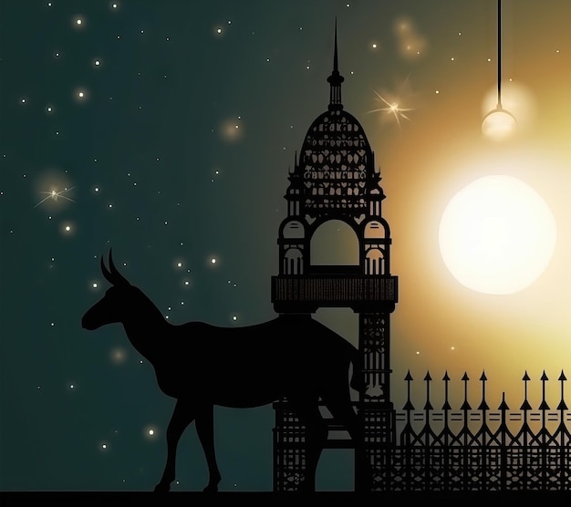 AI generated Illustration of Ramadan Kareem background with mosque sheep and moon