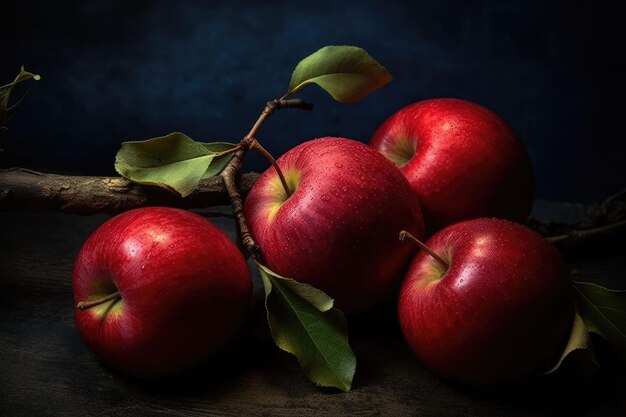 AI generated illustration of red apples on a lush, green tree branch isolated on dark background