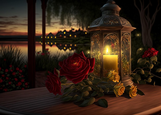 ИИ сгенерировал иллюстрацию букета красных и желтых роз в саду с фонарями