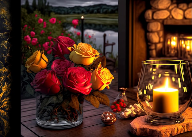 AI-generated illustration of roses and a candle on a wooden table in a gazebo