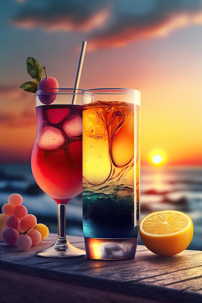 Ai generated illustration A row of colorful cocktails on a tropical beach at sunset