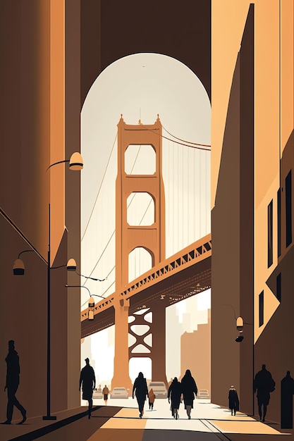 Ai が生成したイラスト、サンフランシスコ市のスカイラインと通りを歩く人々