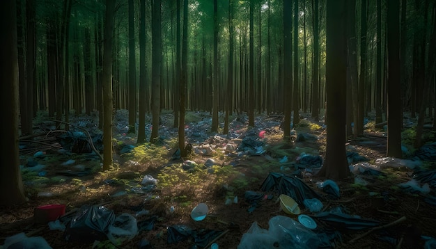 Photo ai generated illustration of a scenic view of a forest with plastic garbage bags scattered around