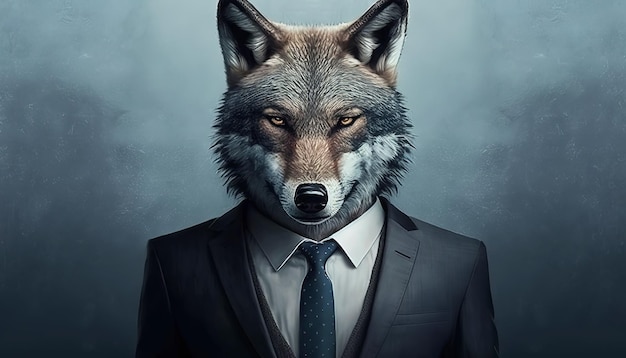 AI generated illustration of a serious powerful wolf in a business jacket