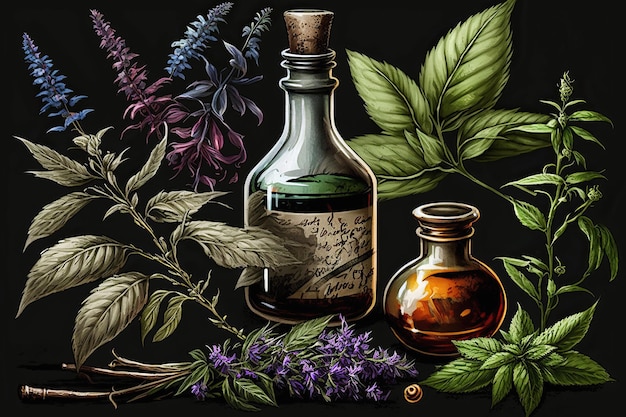Ai generated illustration of set vintage hand drawn sketch medicine herbs elements