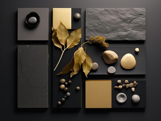 Foto illustrazione generata dall'intelligenza artificiale di un semplice design di ispirazione moodboard in una tavolozza di colori oro nero