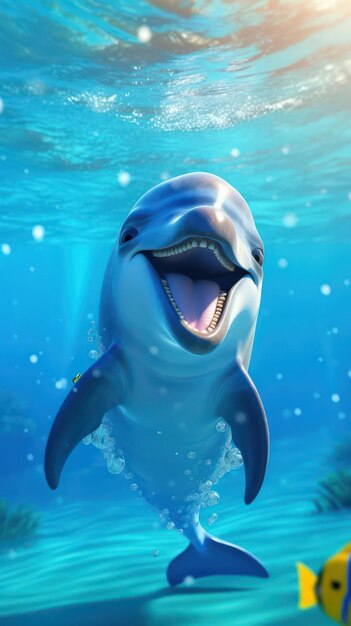 An AI generated illustration of a smiling dolphin swimming in an underwater environment, with its mouth open and a yellow fish nearby