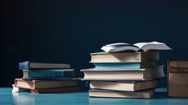 Ai generated illustration stack of books against blue background