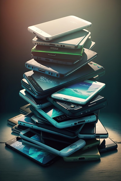 Ai generated illustration of stack of old smart phones