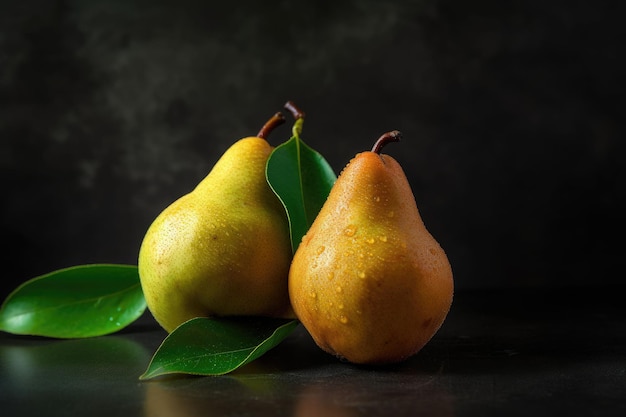 AI generated illustration of a still life of fresh and ripe pears on a black background