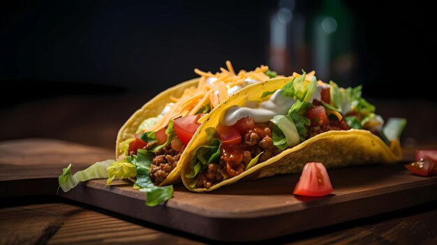 AI-generated illustration of tacos, with seasoned ground beef, lettuce, tomato, and sour cream.