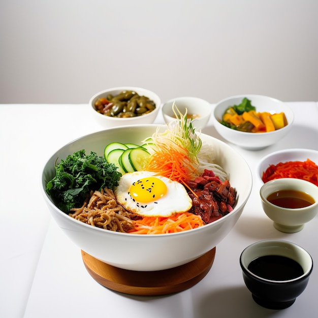 Ai generated illustration Tasty Bibimbap Korean spicy salad with rice and fried egg