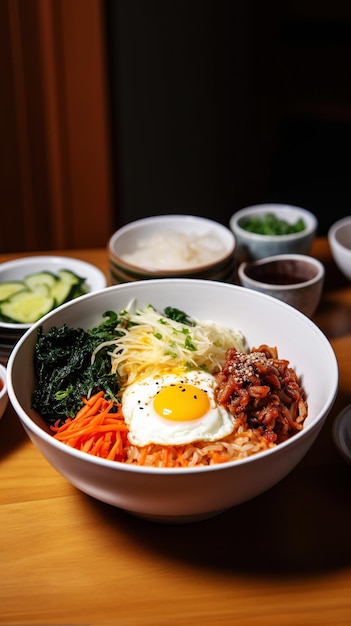 Photo ai generated illustration tasty bibimbap korean spicy salad with rice and fried egg